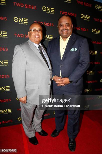 Chairman Leon Russell and TV One Personality Roland Martin attend the NAACP Screening and Social Justice Summit for TV One's "Two Sides" at First AME...