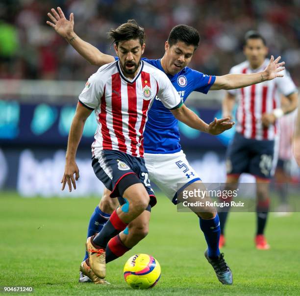 Rodolfo Pizarro of Chivas fights for the ball with Francisco Silva of Cruz Azul during the 2nd round match between Chivas and Cruz Azul as part of...