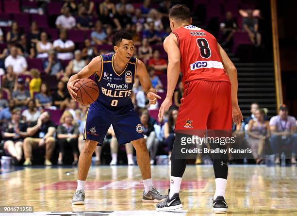 Travis Trice of the Bullets looks to take on the defence during the round 14 NBL match between the Brisbane Bullets and the Perth Wildcats at...