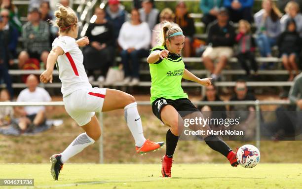 Ellie Carpenter of Canberra in action during the round 11 W-League match between Canberra United and the Western Sydney Wanderers at McKellar Park on...