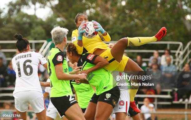 Jada Mathyssen-Whyman of the Wanderers makes a save during the round 11 W-League match between Canberra United and the Western Sydney Wanderers at...