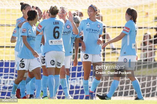 Melbourne City celebrate a goal during the round 11 W-League match between the Melbourne Victory and Melbourne City at Epping Stadium on January 14,...