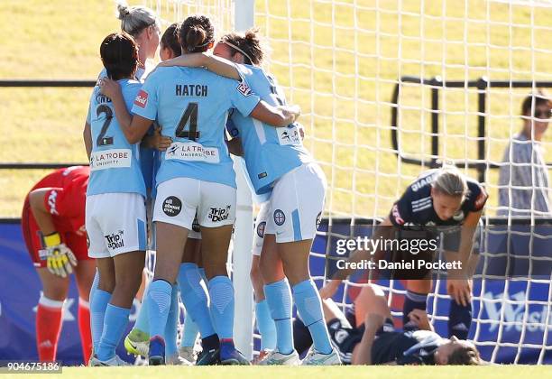 Melbourne City celebrate a goal during the round 11 W-League match between the Melbourne Victory and Melbourne City at Epping Stadium on January 14,...