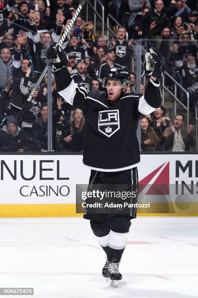 Nick Shore of the Los Angeles Kings celebrates after scoring a goal against the Anaheim Ducks at STAPLES Center on January 13, 2018 in Los Angeles,...