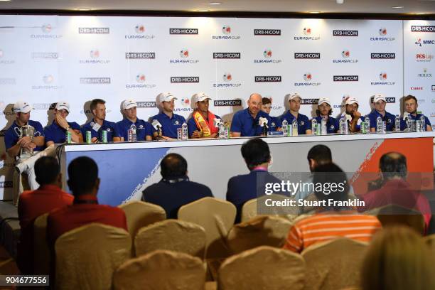 Europe Captain Thomas Bjorn and his players speak at a press conference following their victory during the singles matches on day three of the 2018...