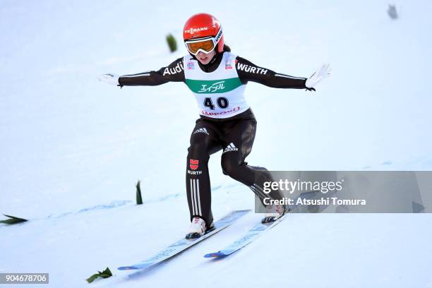 Juliane Seyfarth of Germany competes in the Ladies normal hill individual during day two of the FIS Ski Jumping Women's World cup at Miyanomori Ski...