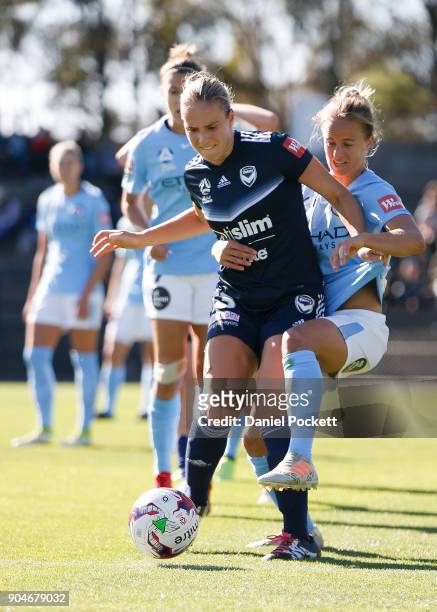 Laura Spiranovic of Melbourne Victory and Aivi Luik of Melbourne City contest the ball during the round 11 W-League match between the Melbourne...