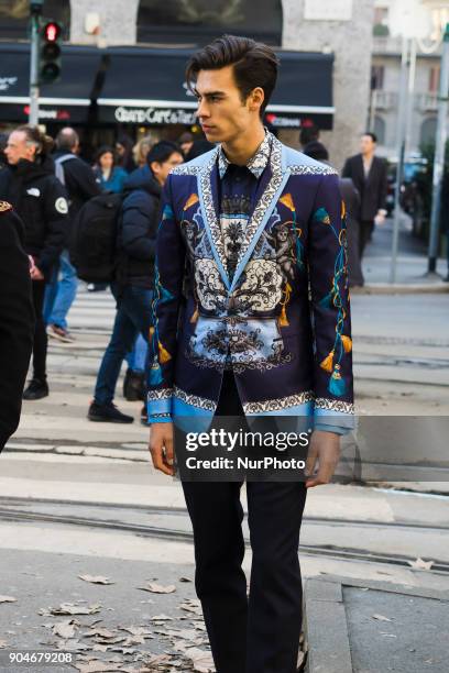 Guest is seen on the set of the Dolce &amp; Gabbana Advertising Campaign street style during Milan Men's Fashion Week Fall/Winter 2018/19 on January...