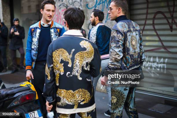 Guests are seen on the set of the Dolce &amp; Gabbana Advertising Campaign street style during Milan Men's Fashion Week Fall/Winter 2018/19 on...