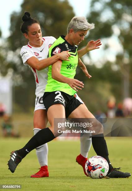 Michelle Heyman of Canberra in action during the round 11 W-League match between Canberra United and the Western Sydney Wanderers at McKellar Park on...