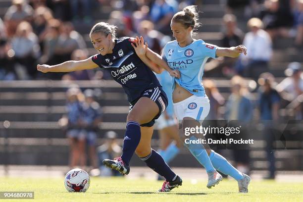 Laura Spiranovic of Melbourne Victory and Aivi Luik of Melbourne City contest the ball during the round 11 W-League match between the Melbourne...