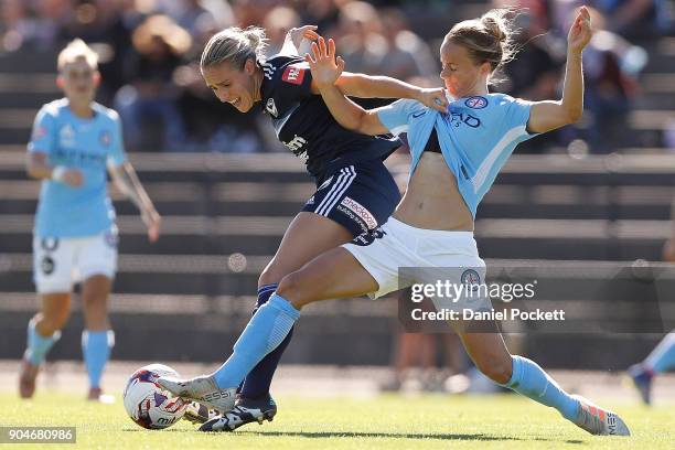 Laura Spiranovic of Melbourne Victory and Aivi Luik of Melbourne City contest the ball during the round 11 W-League match between the Melbourne...