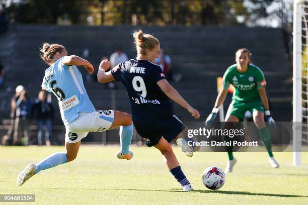 Natasha Dowie of Melbourne Victory passes the ball during the round 11 W-League match between the Melbourne Victory and Melbourne City at Epping...