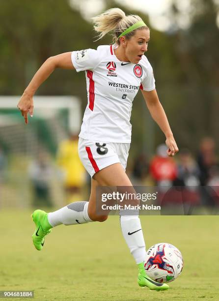 Erica Halloway of the Wanderers in action during the round 11 W-League match between Canberra United and the Western Sydney Wanderers at McKellar...