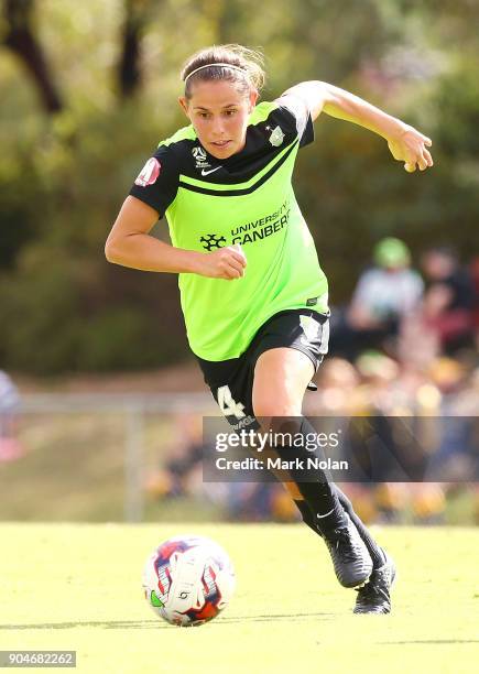 Ashleigh Sykes of Canberra in action during the round 11 W-League match between Canberra United and the Western Sydney Wanderers at McKellar Park on...