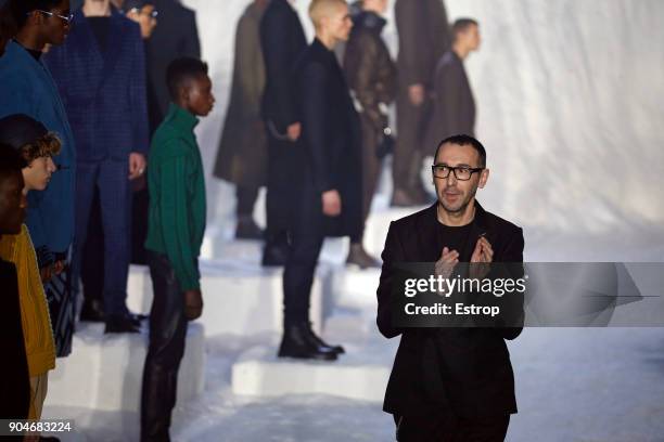 Designer Alessandro Sartori at the runway at the Ermenegildo Zegna show during Milan Men's Fashion Week Fall/Winter 2018/19 on January 12, 2018 in...