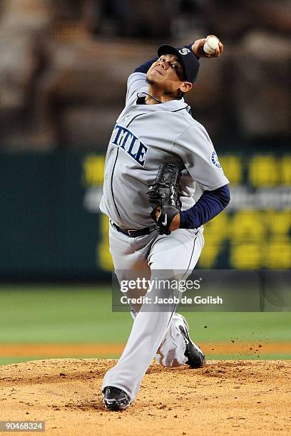 Felix Hernandez of the Seattle Mariners pitches against the Los Angeles Angels of Aneheim on September 8, 2009 at Angel Stadium in Anaheim,...