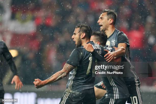 Benfica's Argentinian forward Toto Salvio celebrates after scoring a goal during the Premier League 2017/18 match between SC Braga and SL Benfica, at...