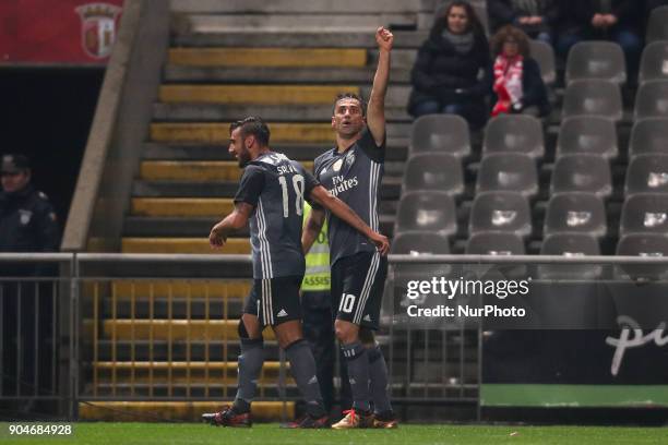 Benfica's Brazilian forward Jonas celebrates after scoring a goal during the Premier League 2017/18 match between SC Braga and SL Benfica, at...