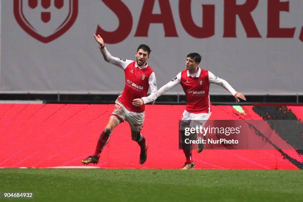 Braga's Portuguese forward Paulinho celebrates after scoring a goal during the Premier League 2017/18 match between SC Braga and SL Benfica, at...