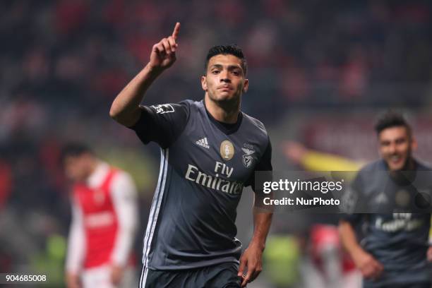 Benfica's Mexican forward Raul Jimenez celebrates after scoring a goal during the Premier League 2017/18 match between SC Braga and SL Benfica, at...