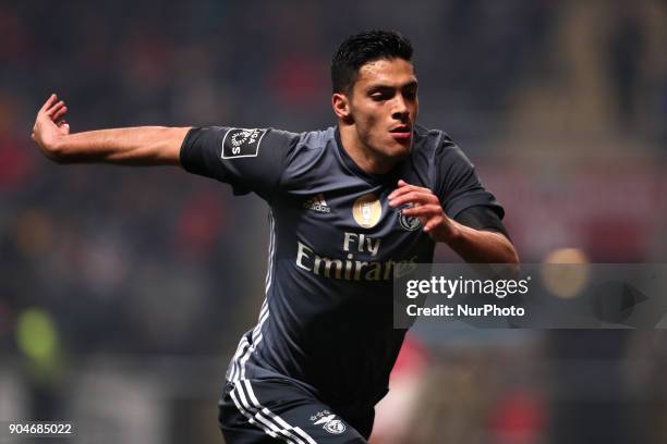 Benfica's Mexican forward Raul Jimenez celebrates after scoring a goal during the Premier League 2017/18 match between SC Braga and SL Benfica, at...
