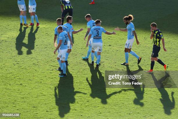 Melbourne City players celebrate a goal during the round 16 A-League match between the Central Coast Mariners and Melbourne City at Central Coast...