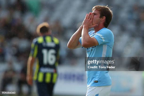 Nick Fitzgerald of City reacts to a missed shot at goal during the round 16 A-League match between the Central Coast Mariners and Melbourne City at...