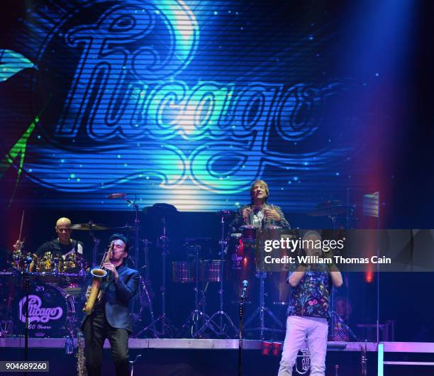 From left, Tris Imboden, Ray Herrmann, Walfredo Reyes Jr. And Lee Loughnane and lead singer Jeff Coffey of the rock band Chicago at Xcite Center at...