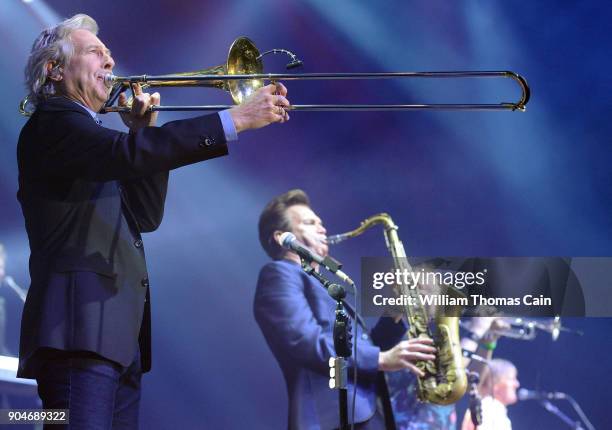 From left, Nick Lane and Ray Herrmann of the rock band Chicago performs at Xcite Center at Parx Casino on January 13, 2018 in Bensalem, Pennsylvania....