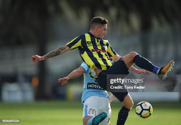 Storm Roux of the Mariners contests the ball during the round 16 A-League match between the Central Coast Mariners and Melbourne City at Central...