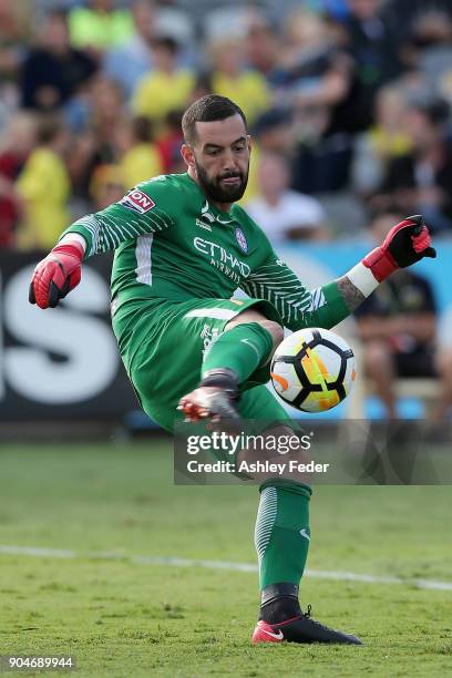 Dean Bouzanis of Melbourne City kicks out from goal during the round 16 A-League match between the Central Coast Mariners and Melbourne City at...