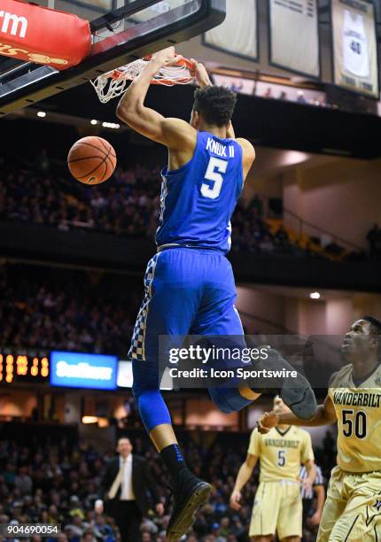 Kentucky Wildcats forward Kevin Knox slams the ball during the first half between the Kentucky Wildcats and the Vanderbilt Commodores on January 13,...