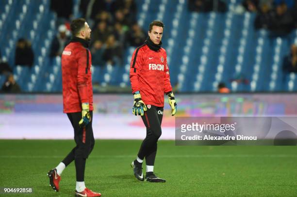 Diego Benaglio and Danijel Subasic of Monaco during the Ligue 1 match between Montpellier and Monaco at Stade de la Mosson on January 13, 2018 in...