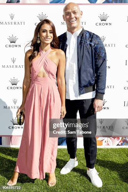 Desiree Deravi and Michael Klim arrives ahead of the 2018 Crown IMG Tennis Player at Crown Palladium on January 14, 2018 in Melbourne, Australia.