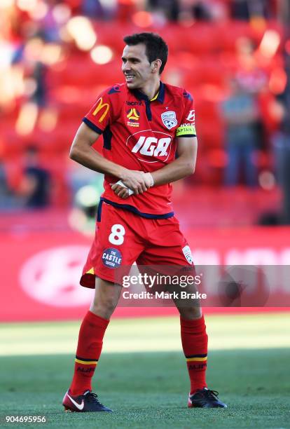 Isaias of Adelaide United holds his arm during the round 16 A-League match between Adelaide United and Sydney FC at Coopers Stadium on January 14,...