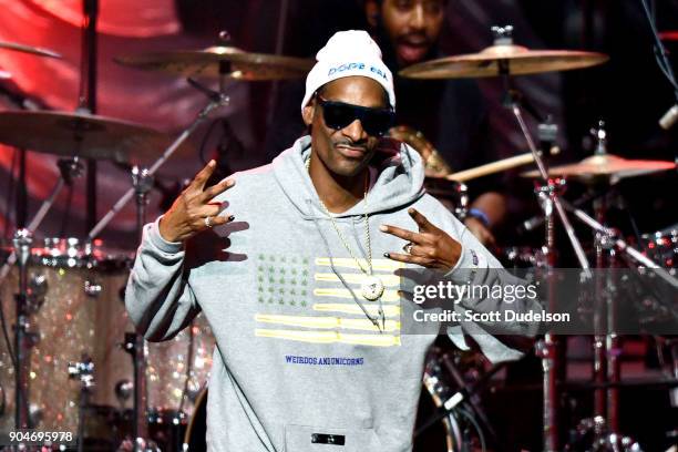 Rapper Snoop Dogg appears as a special guest during the R&B Rewind Festival at Microsoft Theater on January 13, 2018 in Los Angeles, California.
