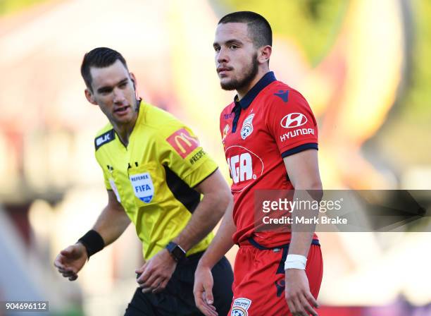 Apostolos Stamatelopoulos of Adelaide United gets warned by referee Jarred Gillett during the round 16 A-League match between Adelaide United and...
