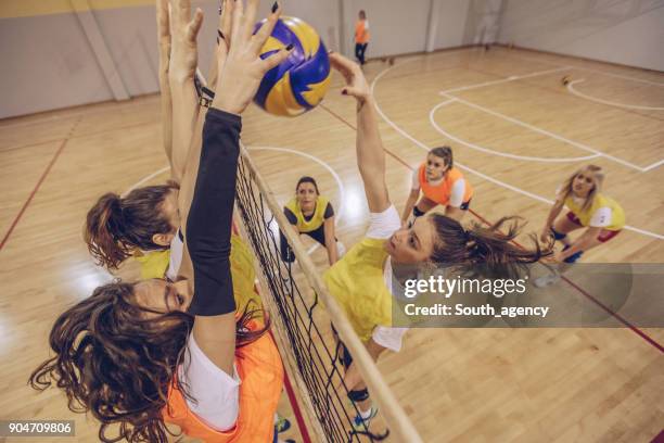 volleybalteam in actie - volleyball stockfoto's en -beelden