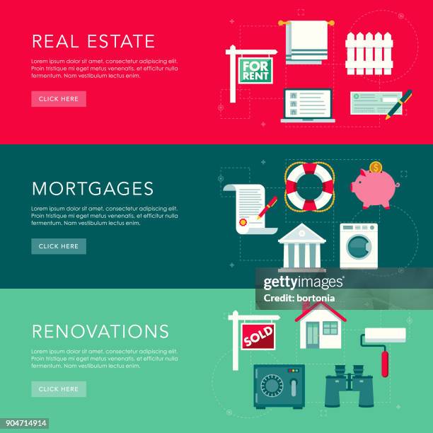 real estate flat design web banners set - cheque deposit stock illustrations