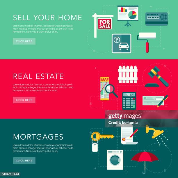 real estate flat design web banners set - cheque deposit stock illustrations