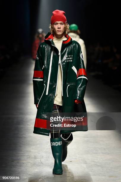 Model walks the runway at the UNDERCOVER + TAKAHIROMIYASHITA TheSoloist. Show during the 93. Pitti Immagine Uomo at Fortezza Da Basso on January 11,...