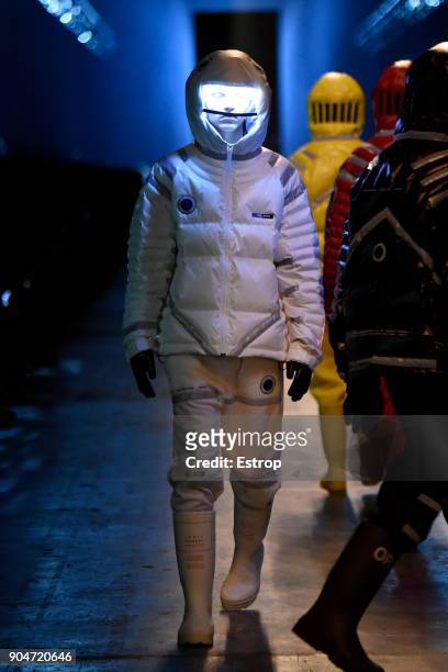 Model walks the runway at the UNDERCOVER + TAKAHIROMIYASHITA TheSoloist. Show during the 93. Pitti Immagine Uomo at Fortezza Da Basso on January 11,...