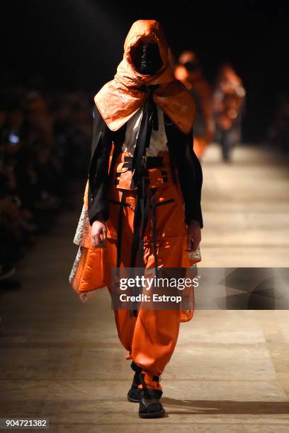 Model walks the runway at the UNDERCOVER + TAKAHIROMIYASHITA TheSoloist. Show during the 93. Pitti Immagine Uomo at Fortezza Da Basso on January 11,...