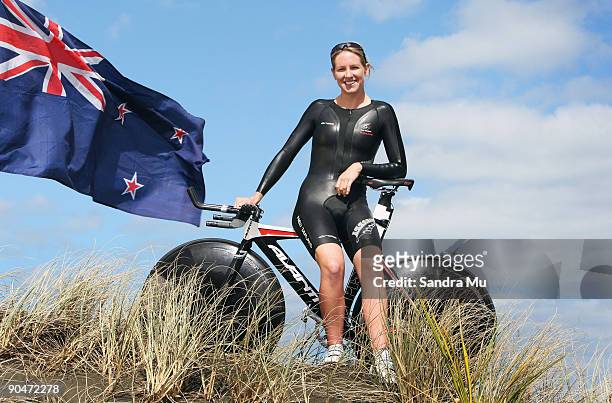 Track Cycling World Championships Individual Pursuit gold medalist Alison Shanks of New Zealand poses during a portrait session at Bethells Beach on...