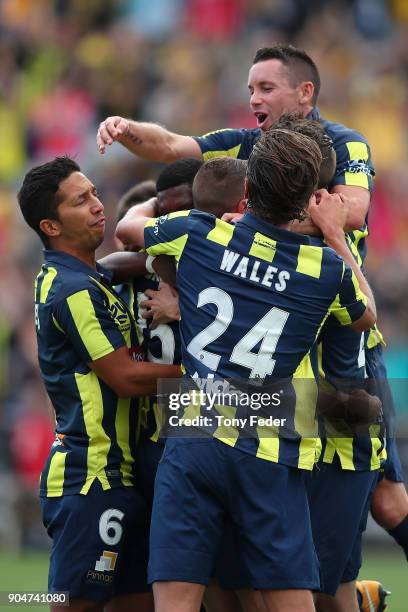 Mariners players celebrate a goal during the round 16 A-League match between the Central Coast Mariners and Melbourne City at Central Coast Stadium...