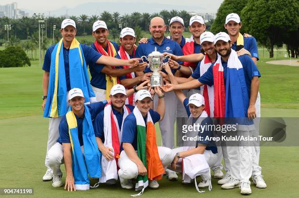 Team Europe pose with the trophy after winning the Eurasia Cup 2018 presented by DRB HICOM at Glenmarie G&CC on January 14, 2018 in Kuala Lumpur,...