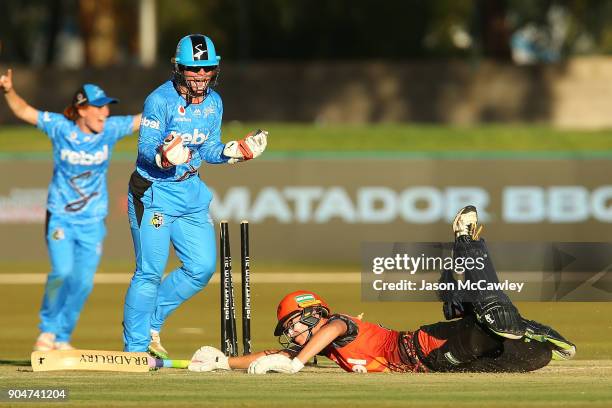 Lauren Ebsary of the Scorchers is run out during the Women's Big Bash League match between the Perth Scorchers and the Adelaide Strikers at Traeger...