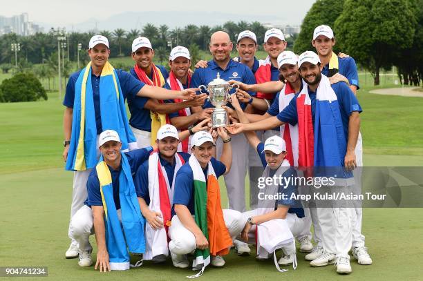 Team Europe pose with the trophy after winning the Eurasia Cup 2018 presented by DRB HICOM at Glenmarie G&CC on January 14, 2018 in Kuala Lumpur,...