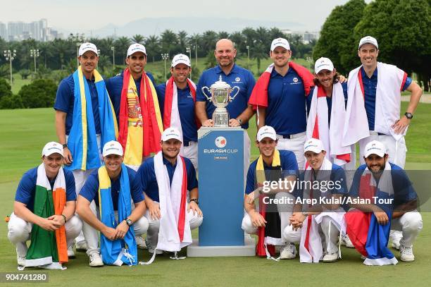 Team Europe pose with the trophy after winning the Eurasia Cup 2018 presented by DRB HICOM at Glenmarie G&CC on January 14, 2018 in Kuala Lumpur,...